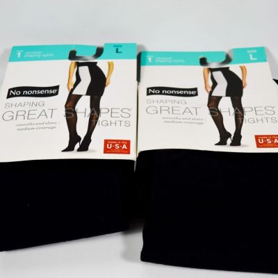 2 No nonsense Women's Great Shapes BLACK Opaque Shaping Tights Size Large